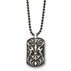 Stainless Steel Antiqued and Polished Black IP Fleur de lis Dog Tag Necklac