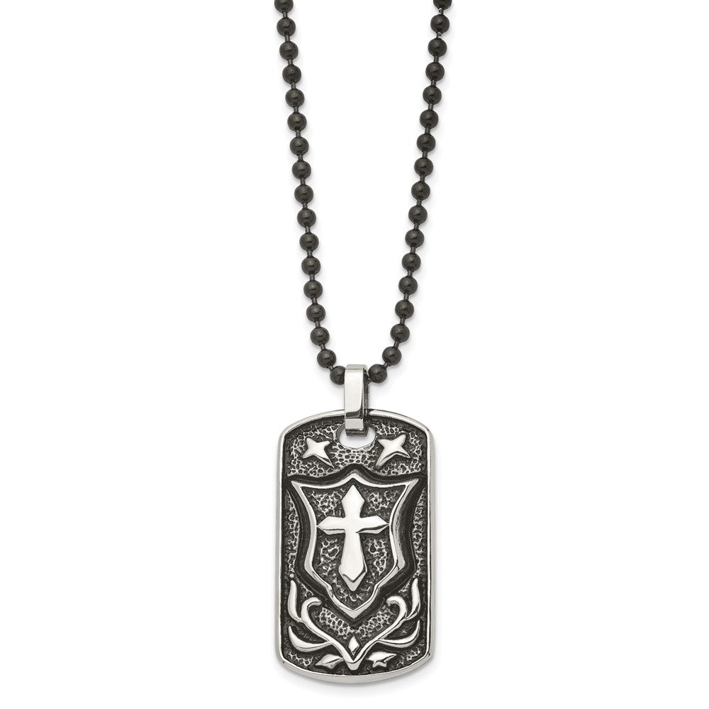 Chisel Stainless Steel Antiqued Polished and Textured Cross Shield Dog Tag on a 24 inch Ball Chain Necklace
