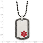 Chisel Stainless Steel Antiqued and Polished Greek Key Edge with Red Enamel Medical ID Dog Tag on a 30 inch Black IP-plated Ball Chain Necklace