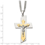 Chisel Stainless Steel Brushed and Polished Yellow IP-plated Crucifix on a 24 inch Curb Chain Necklace