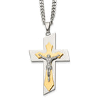 Chisel Stainless Steel Brushed and Polished Yellow IP-plated Crucifix on a 24 inch Curb Chain Necklace