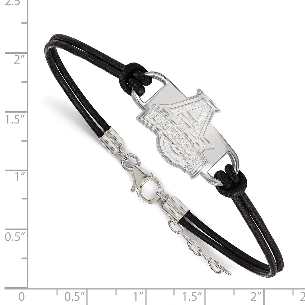 Sterling Silver Rhodium-plated LogoArt American University Small Center Black Leather 7 inch Bracelet with Extender