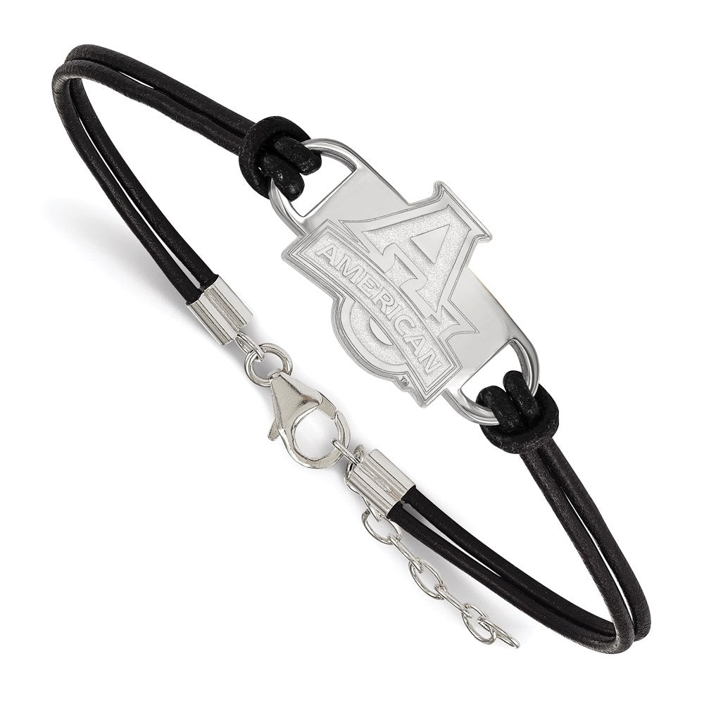 Sterling Silver Rhodium-plated LogoArt American University Small Center Black Leather 7 inch Bracelet with Extender