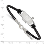 Sterling Silver Rhodium-plated LogoArt US Naval Academy Small Center Black Leather 7 inch Bracelet with Extender
