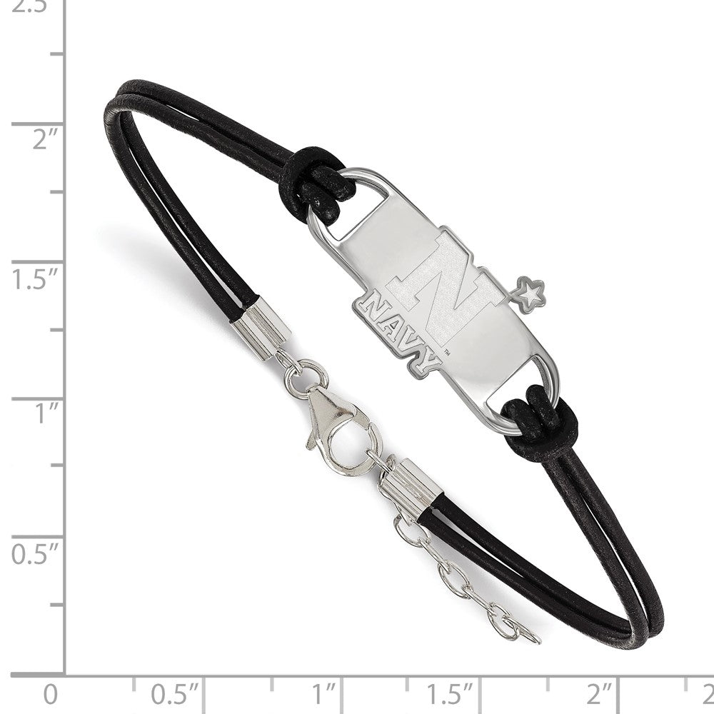 Sterling Silver Rhodium-plated LogoArt US Naval Academy Small Center Black Leather 7 inch Bracelet with Extender