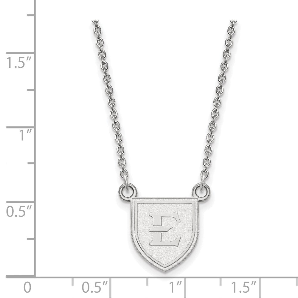 Sterling Silver Rhodium-plated LogoArt East Tennessee State University Letter E Shield Small Pendant 18 inch Necklace