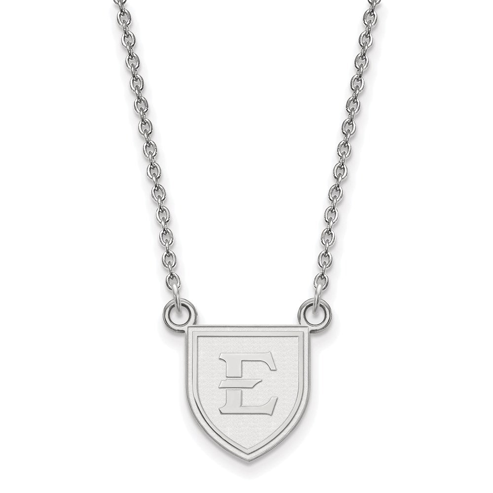 Sterling Silver Rhodium-plated LogoArt East Tennessee State University Letter E Shield Small Pendant 18 inch Necklace
