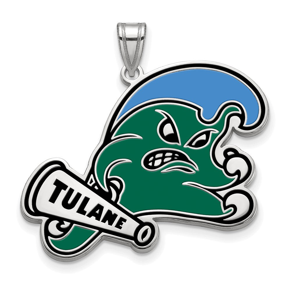 Sterling Silver Rhodium-plated LogoArt Tulane University Extra Large Enameled Pendant