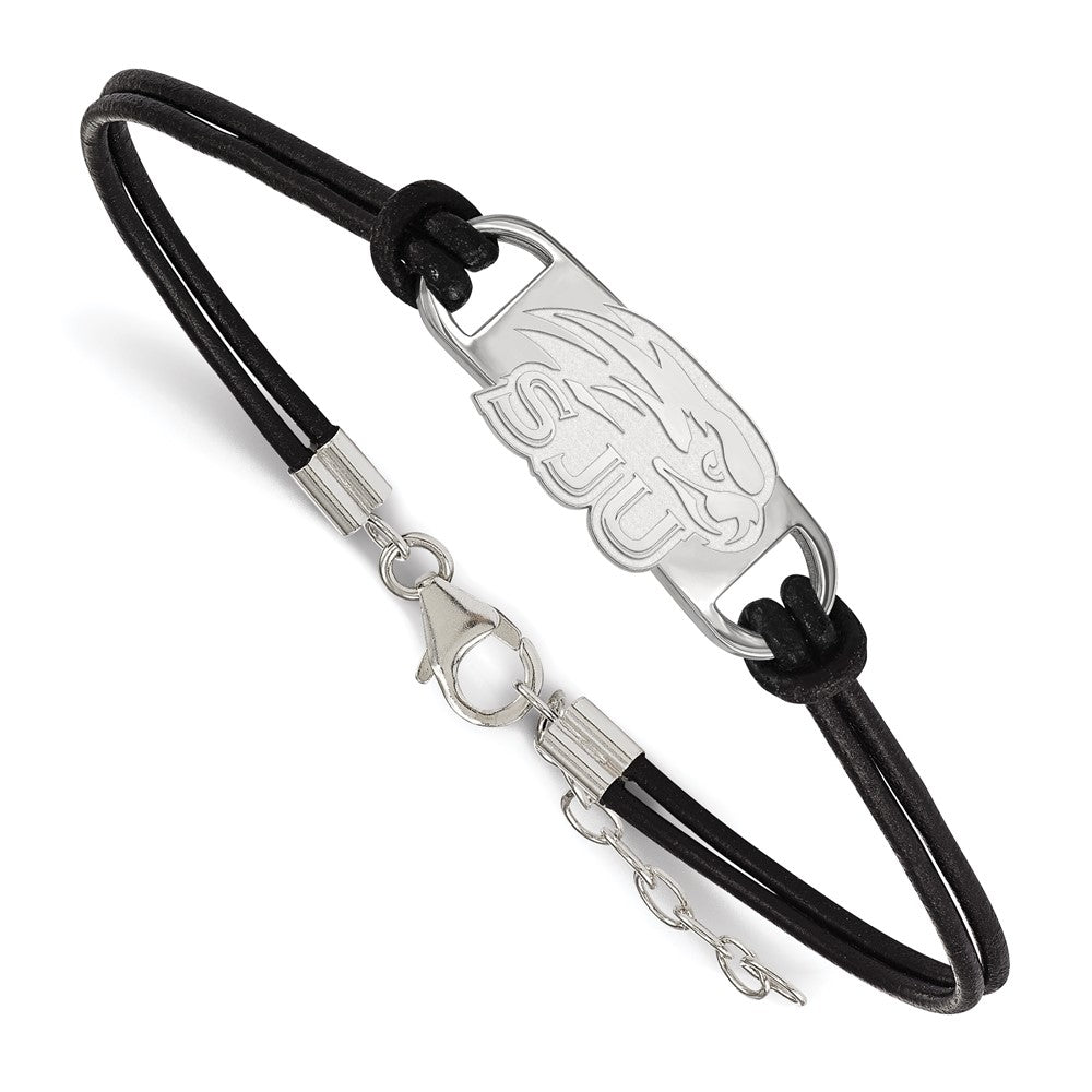 Sterling Silver Rhodium-plated LogoArt Saint Joseph's University Hawks Small Center Black Leather 7 inch Bracelet with Extender