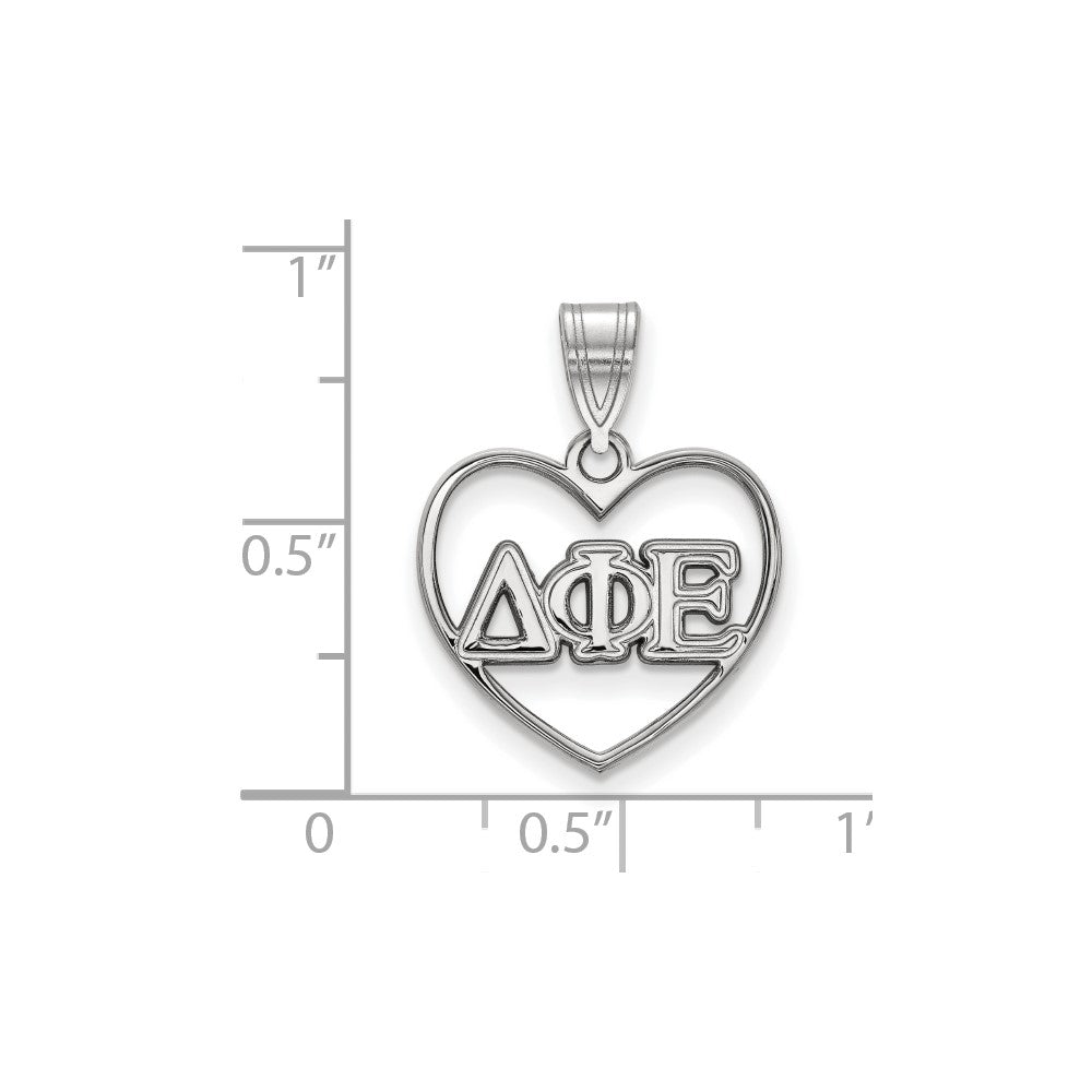 Sterling Silver Rhodium-plated LogoArt Delta Phi Epsilon Sorority Greek Letters Heart Pendant