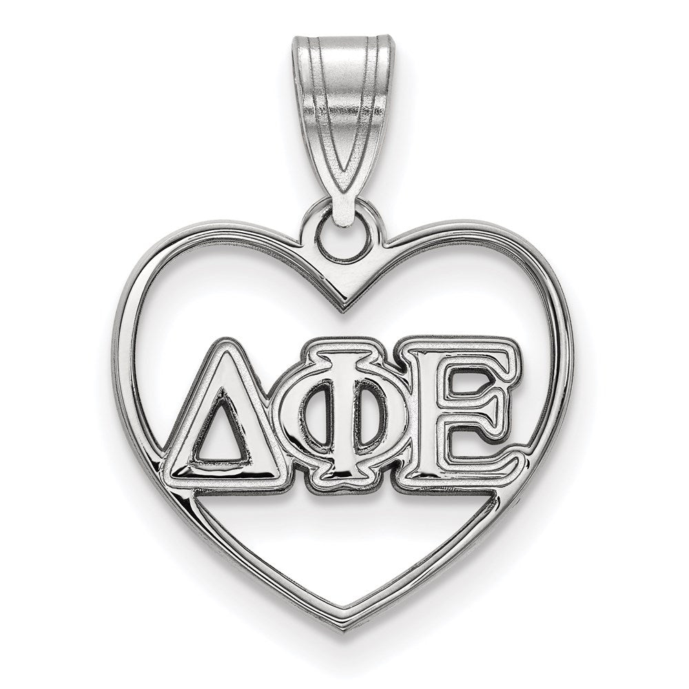 Sterling Silver Rhodium-plated LogoArt Delta Phi Epsilon Sorority Greek Letters Heart Pendant