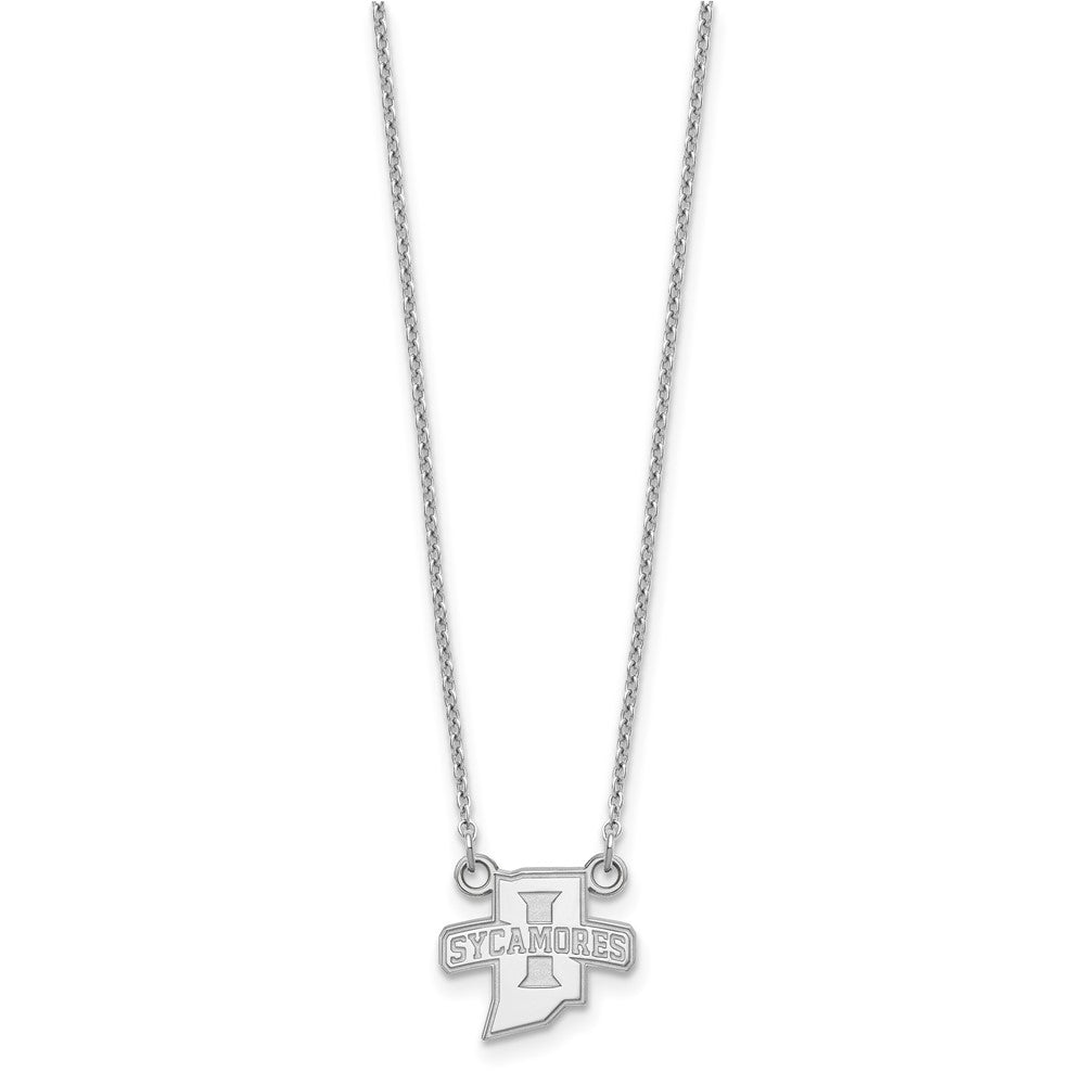 Sterling Silver Rhodium-plated LogoArt Indiana State University Sycamores Small Pendant 18 inch Necklace