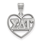 Sterling Silver Rhodium-plated LogoArt Sigma Delta Tau Sorority Greek Letters Heart Pendant