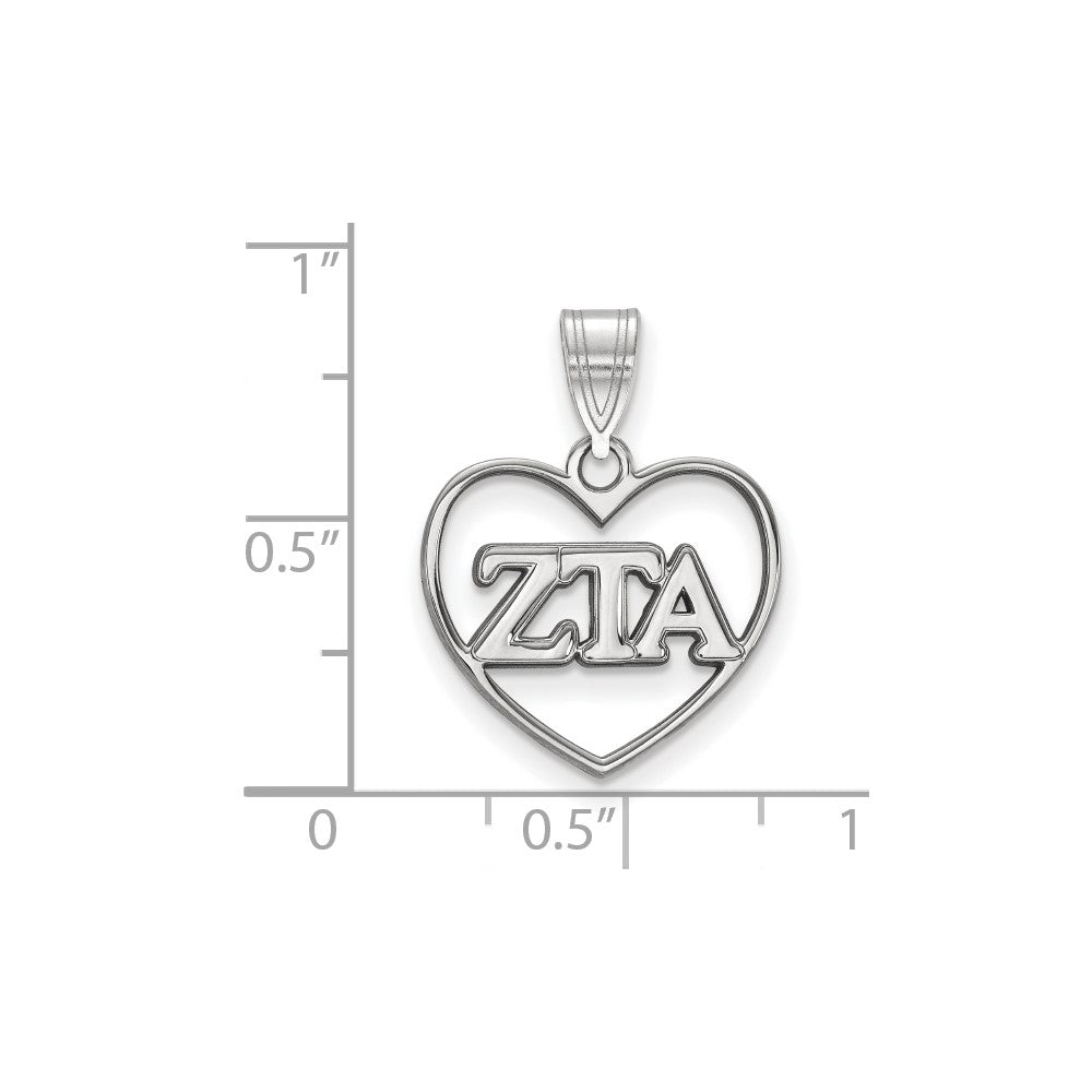 Sterling Silver Rhodium-plated LogoArt Zeta Tau Alpha Sorority Greek Letters Heart Pendant