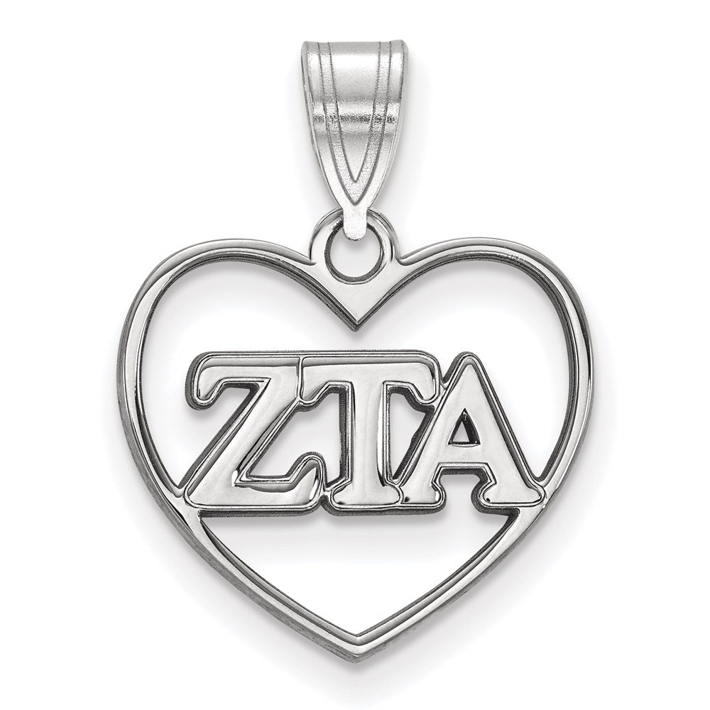 Sterling Silver Rhodium-plated LogoArt Zeta Tau Alpha Sorority Greek Letters Heart Pendant