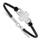 Sterling Silver Rhodium-plated LogoArt Iowa State University Medium Center Black Leather 7 inch Bracelet with Extender
