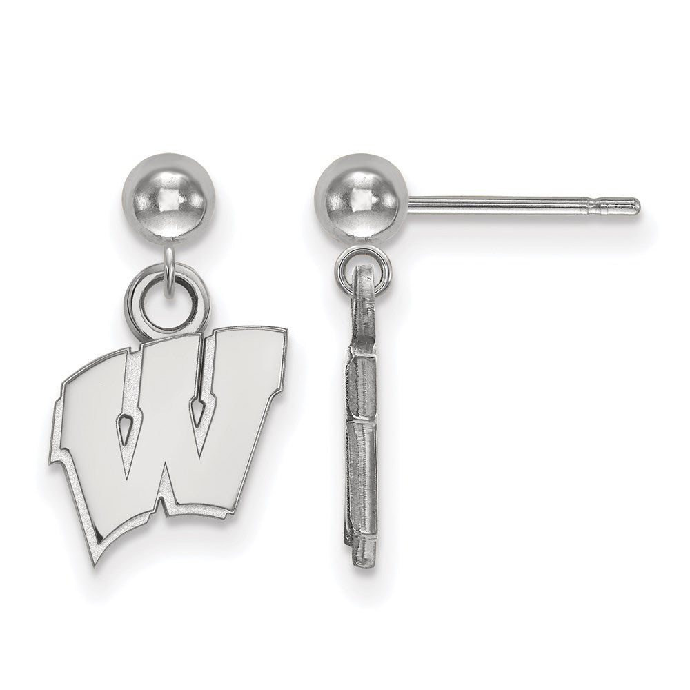 Sterling Silver Rhodium-plated LogoArt University of Wisconsin Letter W Dangle Ball Post Earrings