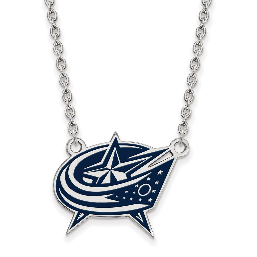Sterling Silver Rhodium-plated NHL LogoArt Columbus Blue Jackets Large Enameled Pendant 18 inch Necklace