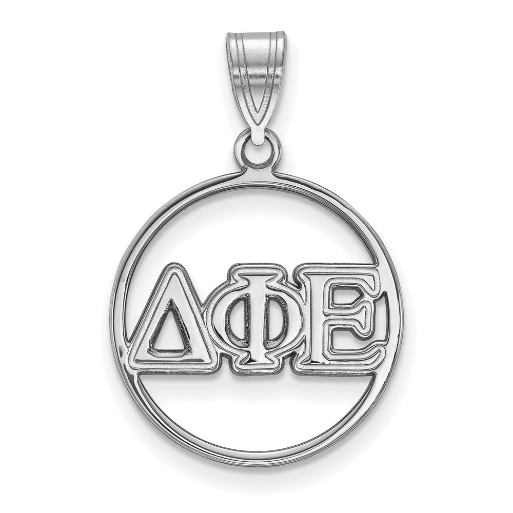 Sterling Silver Rhodium-plated LogoArt Delta Phi Epsilon Sorority Greek Letters Medium Circle Pendant