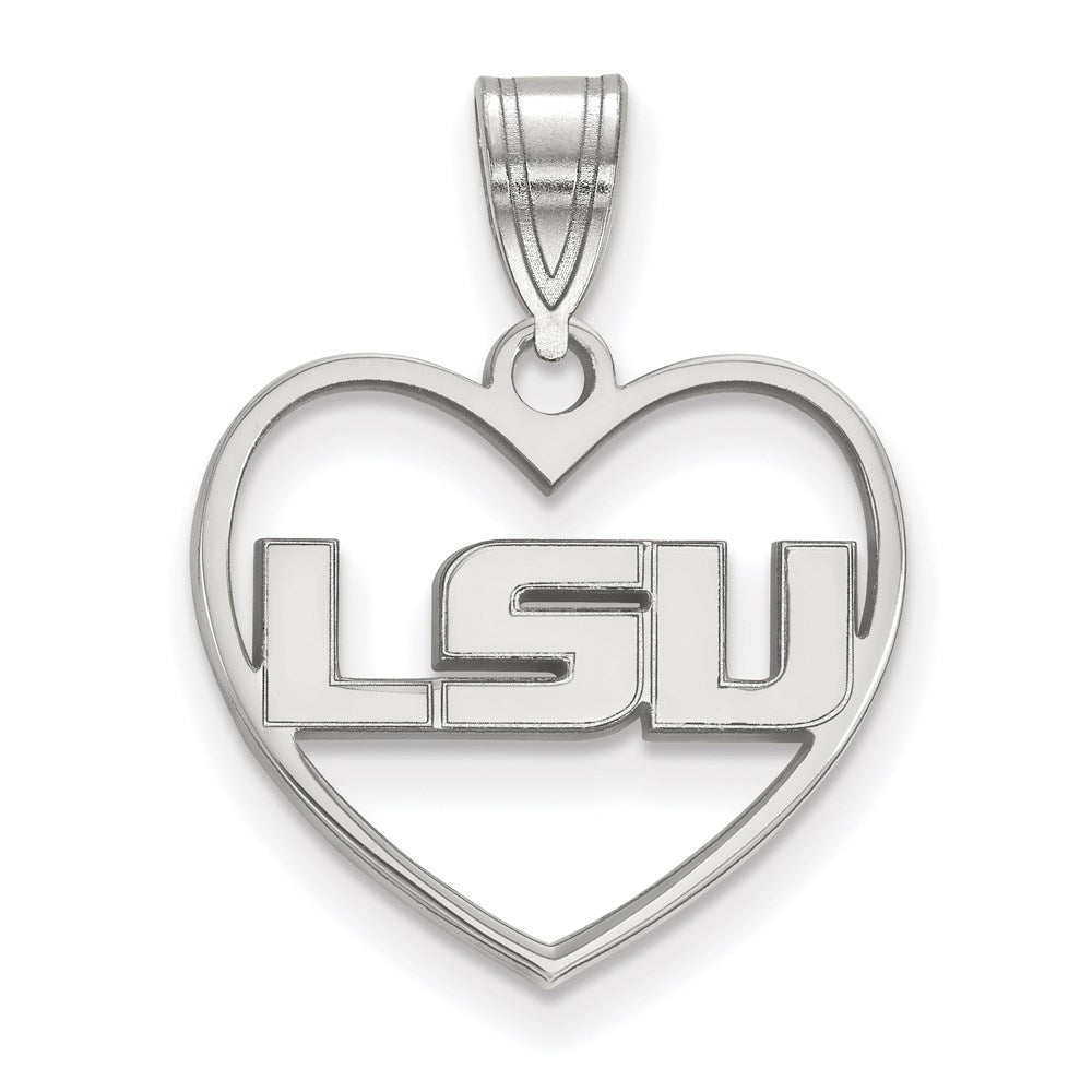 Sterling Silver Rhodium-plated LogoArt Louisiana State University L-S-U Heart Pendant