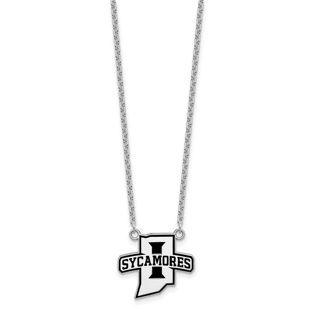 Sterling Silver Rhodium-plated LogoArt Indiana State University Sycamores Large Enameled Pendant 18 inch Necklace
