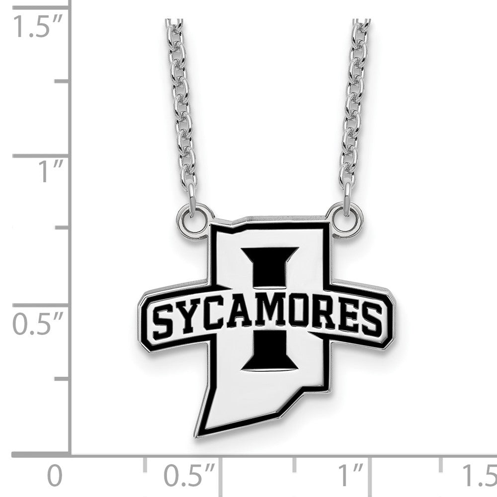 Sterling Silver Rhodium-plated LogoArt Indiana State University Sycamores Large Enameled Pendant 18 inch Necklace