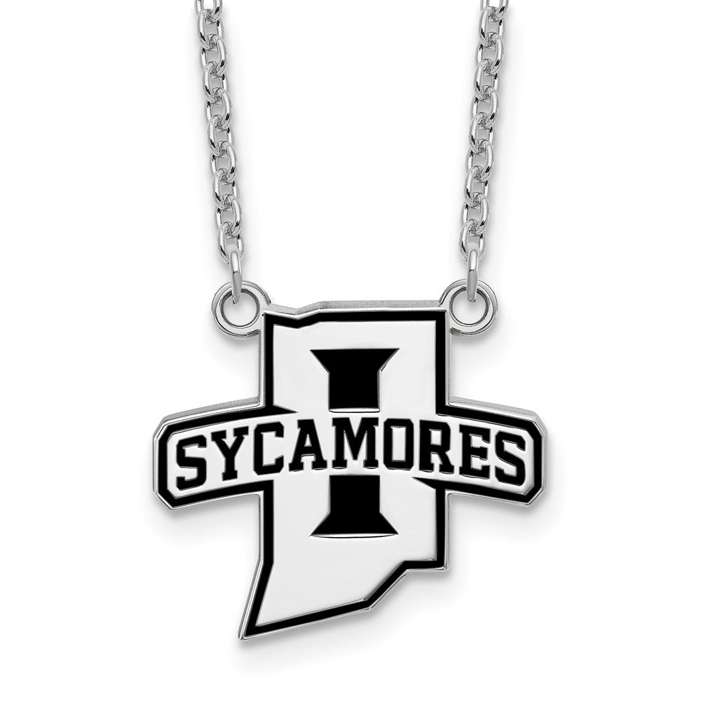 Sterling Silver Rhodium-plated LogoArt Indiana State University Sycamores Large Enameled Pendant 18 inch Necklace