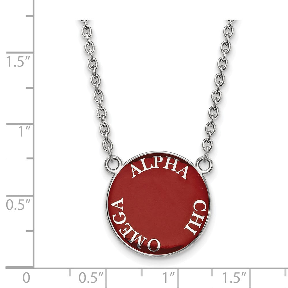Sterling Silver Rhodium-plated LogoArt Alpha Chi Omega Sorority Text Large Color Enamel Pendant 18 inch Necklace