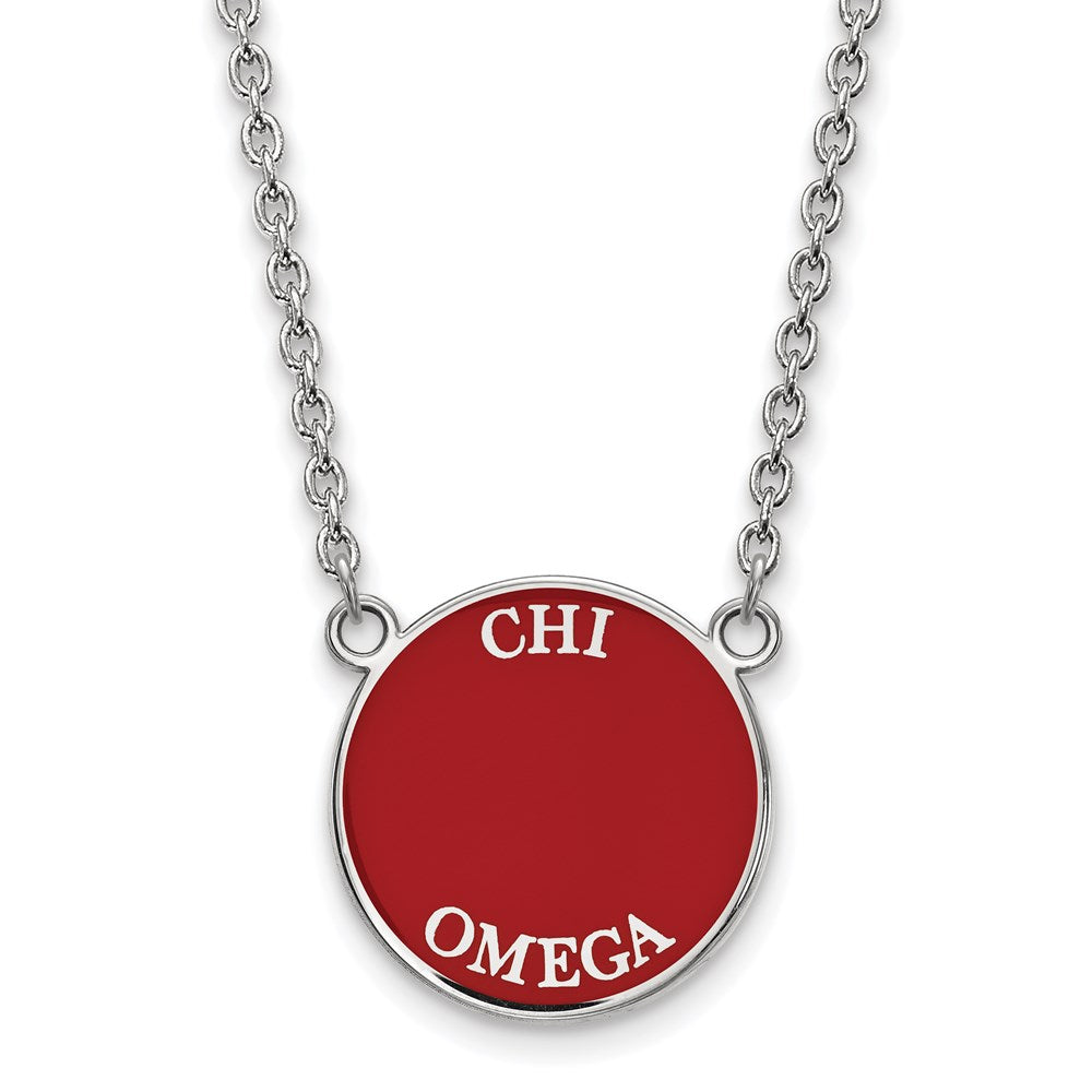 Sterling Silver Rhodium-plated LogoArt Chi Omega Sorority Text Large Color Enamel Pendant 18 inch Necklace
