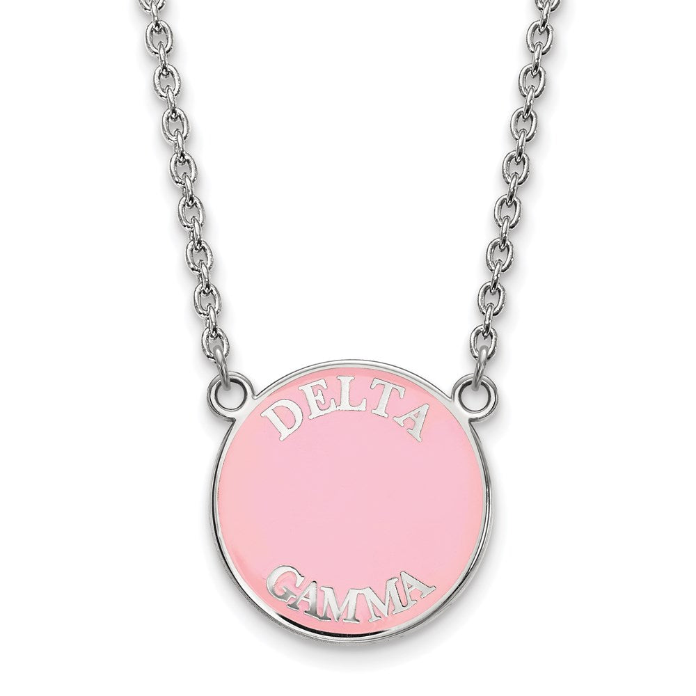 Sterling Silver Rhodium-plated LogoArt Delta Gamma Sorority Text Large Color Enamel Pendant 18 inch Necklace