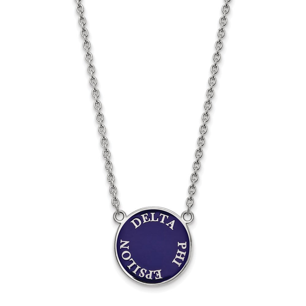 Sterling Silver Rhodium-plated LogoArt Delta Phi Epsilon Sorority Text Large Color Enamel Pendant 18 inch Necklace