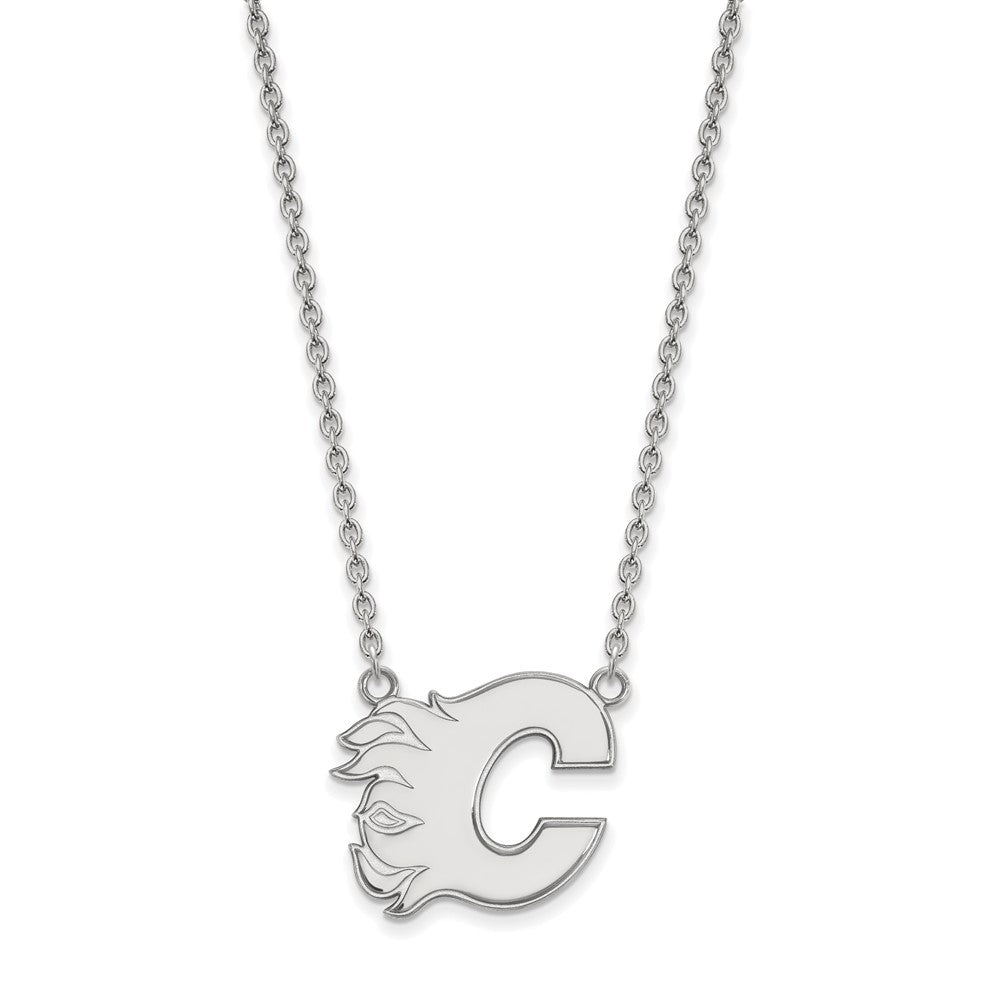 Sterling Silver Rhodium-plated NHL LogoArt Calgary Flames Letter C Large Pendant 18 inch Necklace