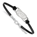 Sterling Silver Rhodium-plated NHL LogoArt Carolina Hurricanes Small Center Black Leather 7 inch Bracelet with Extender