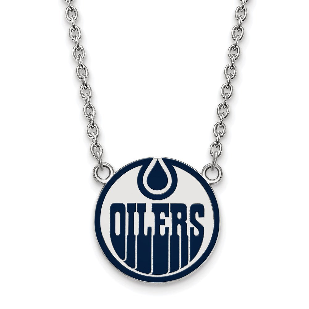 Sterling Silver Rhodium-plated NHL LogoArt Edmonton Oilers Large Enameled Pendant 18 inch Necklace