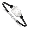 Sterling Silver Rhodium-plated LogoArt Rutgers University Letter R Small Center Black Leather 7 inch Bracelet with Extender