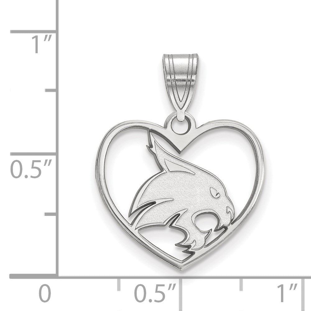Sterling Silver Rhodium-plated LogoArt Texas State University Bobcat Heart Pendant