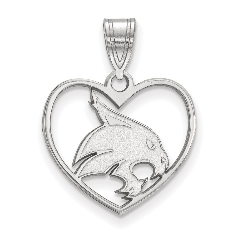 Sterling Silver Rhodium-plated LogoArt Texas State University Bobcat Heart Pendant