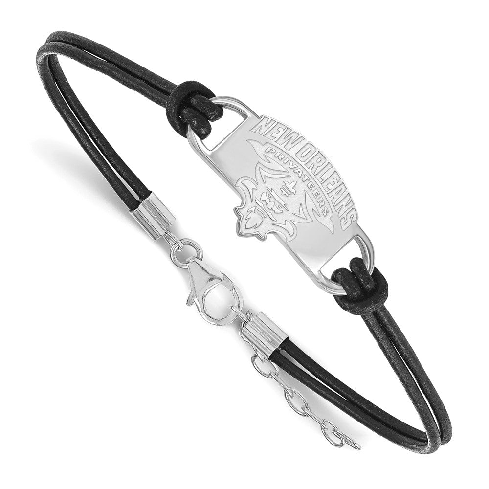 Sterling Silver Rhodium-plated LogoArt University of New Orleans U-N-O Small Center Black Leather 7 inch Bracelet with Extender