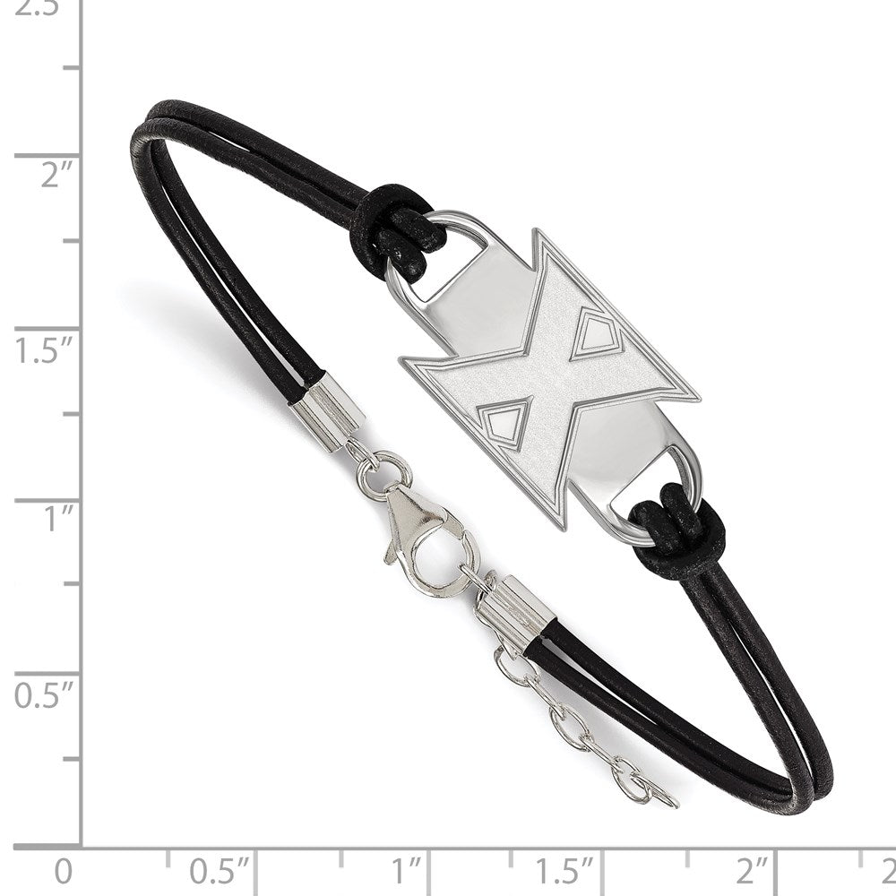 Sterling Silver Rhodium-plated LogoArt Xavier University Letter X Black Leather 7 inch Bracelet with Extender