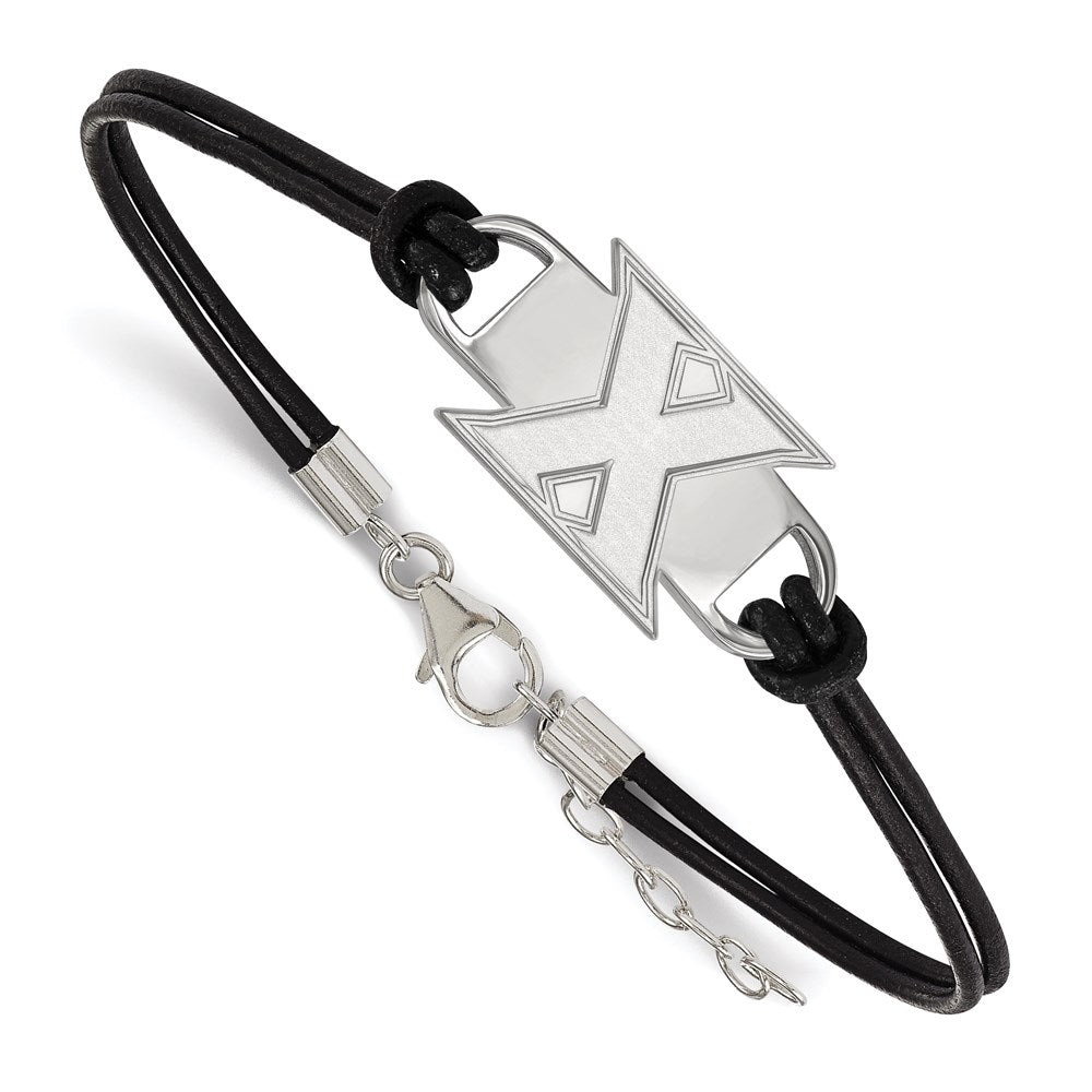 Sterling Silver Rhodium-plated LogoArt Xavier University Letter X Black Leather 7 inch Bracelet with Extender