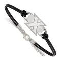 Sterling Silver Rhodium-plated LogoArt Xavier University Letter X Black Leather 7 inch Bracelet with Extender