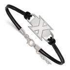 Sterling Silver Rhodium-plated LogoArt Xavier University Letter X Black Leather 7 inch Bracelet with Extender
