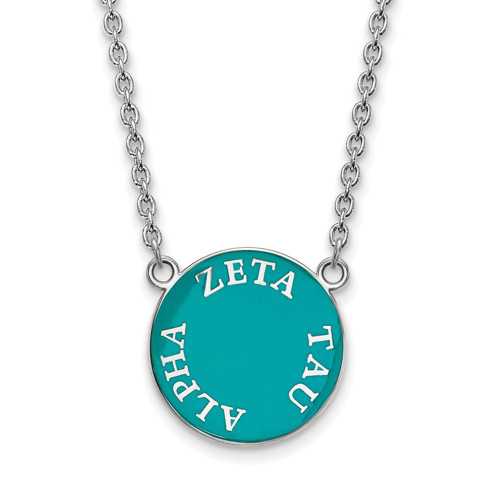 Sterling Silver Rhodium-plated LogoArt Zeta Tau Alpha Sorority Text Large Color Enamel Pendant 18 inch Necklace