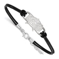 Sterling Silver Rhodium-plated NHL LogoArt Columbus Blue Jackets Small Center Black Leather 7 inch Bracelet with Extender