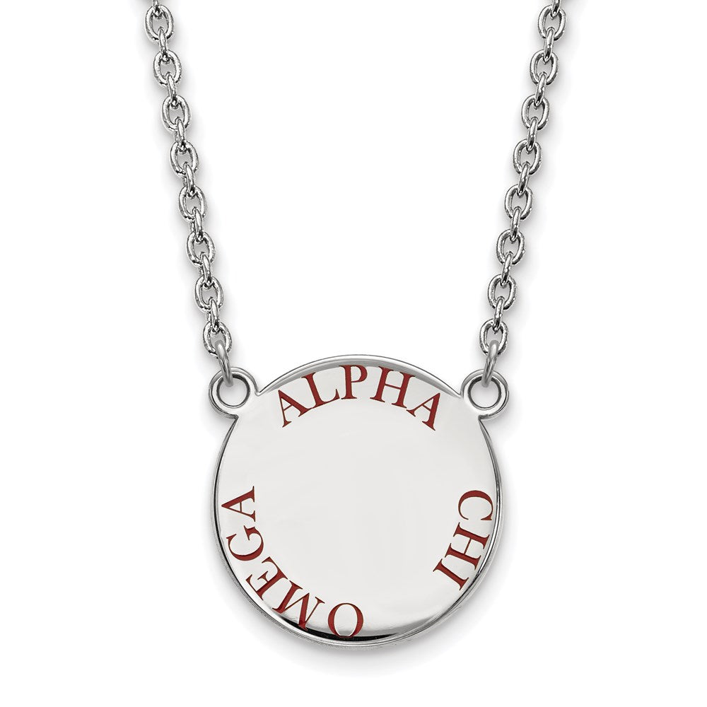Sterling Silver Rhodium-plated LogoArt Alpha Chi Omega Sorority Text Large Color Enamel Pendant 18 inch Necklace
