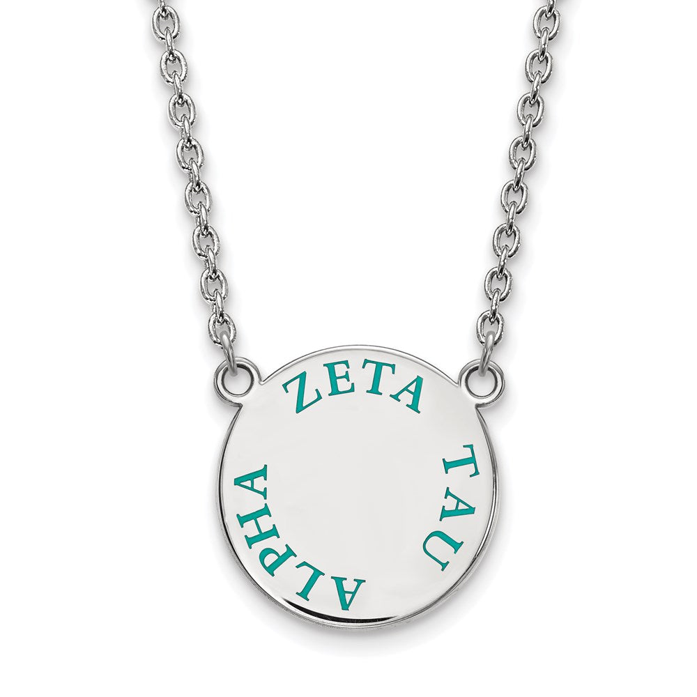 Sterling Silver Rhodium-plated LogoArt Zeta Tau Alpha Sorority Text Large Color Enamel Pendant 18 inch Necklace