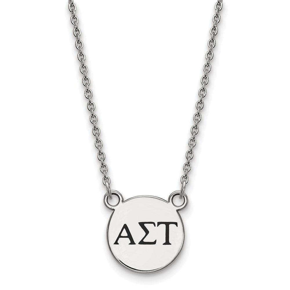 Sterling Silver Rhodium-plated LogoArt Alpha Sigma Tau Sorority Greek Letters Small Black Enamel Pendant 18 inch Necklace