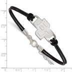 Sterling Silver Rhodium-plated LogoArt Baylor University Bears Small Center Black Leather 7  inch Bracelet with Extender