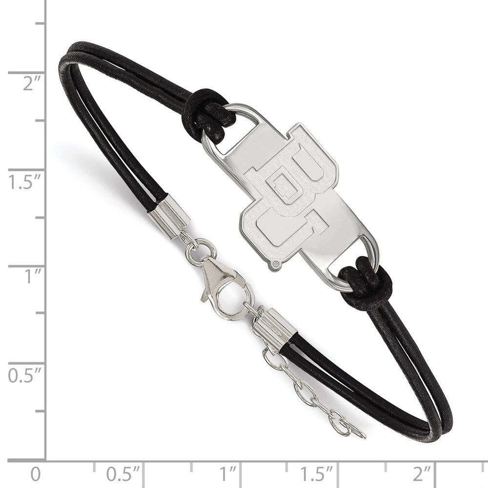 Sterling Silver Rhodium-plated LogoArt Baylor University Bears Small Center Black Leather 7  inch Bracelet with Extender