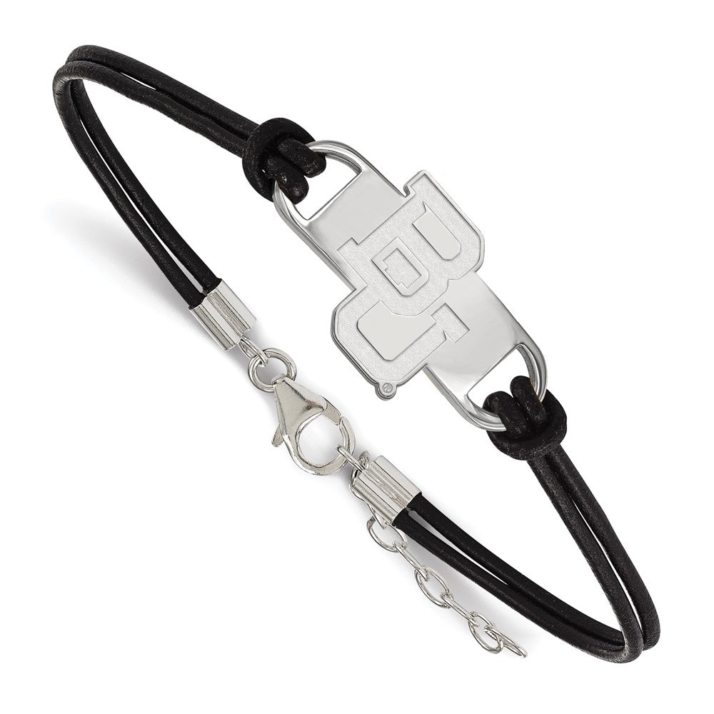 Sterling Silver Rhodium-plated LogoArt Baylor University Bears Small Center Black Leather 7  inch Bracelet with Extender